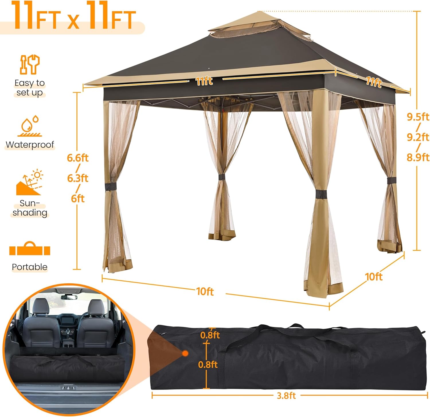 Yaheetech 11x11 Pop Up Gazebo Outdoor Canopy Shelter, Instant Patio Gazebo Sun Shade Canopy Tent with 4 Sandbags, 2 Tiers Roof & Mesh Netting for Lawn, Garden, Backyard & Deck, Brown